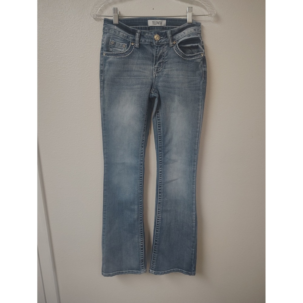 Telepatia Womens Embroidered Rhinestone Bootcut Jeans Medium Wash Size 1/25